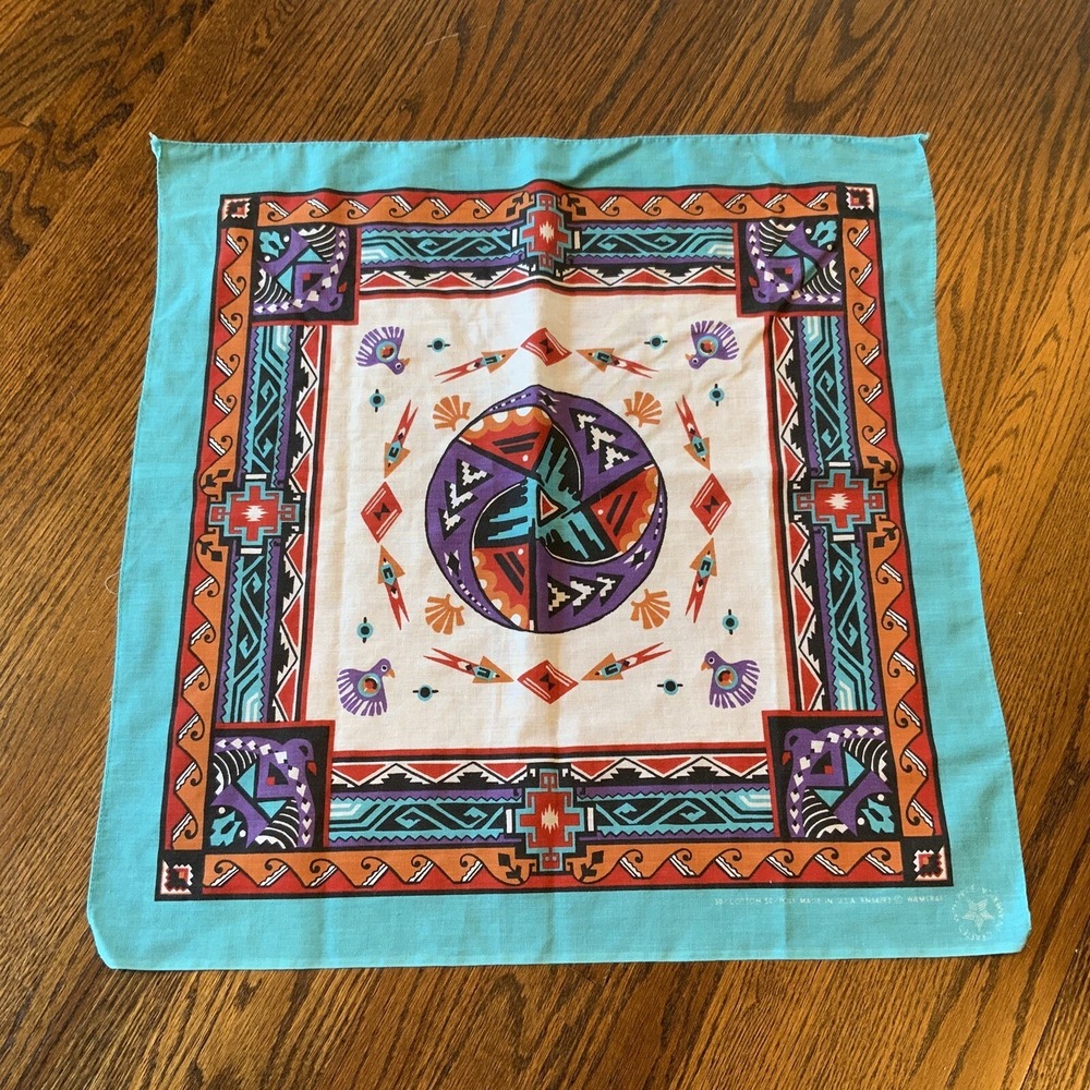 Vtg Wamcraft Bandana Southwest Aztec Teal Purple Black‎ Rare Print Made In USA